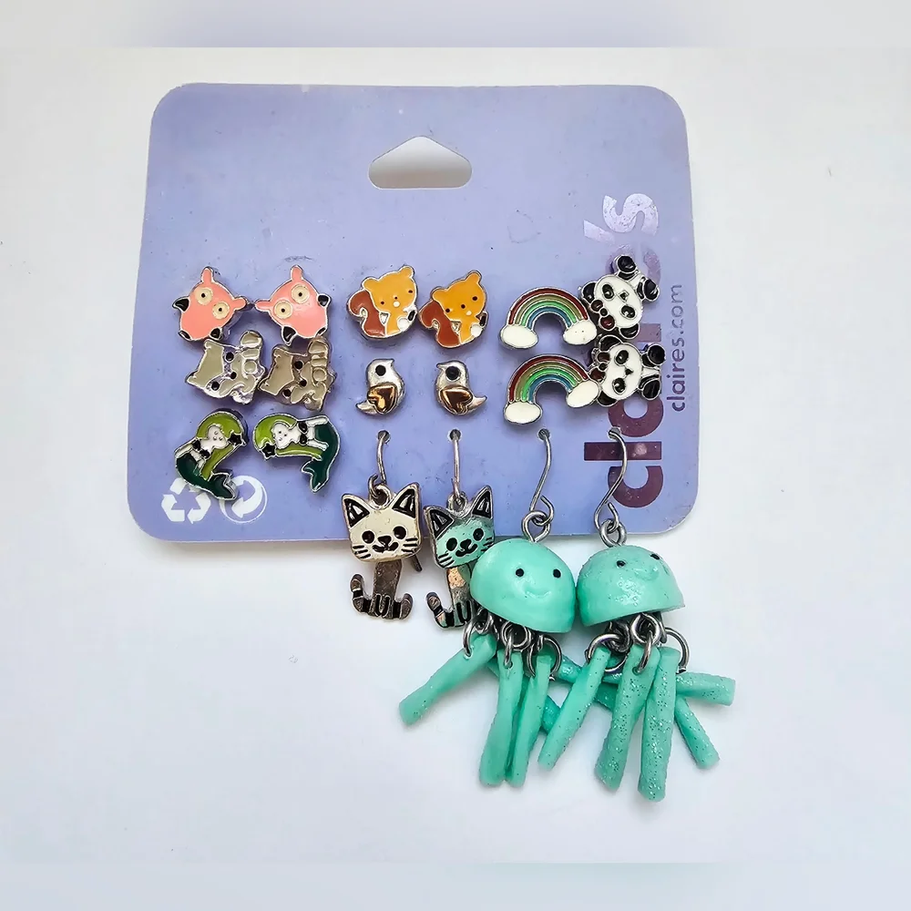 Claire's Cute Animal Octopus, Owl, Fox, Bird Earrings Set - Teal and Multicolor
